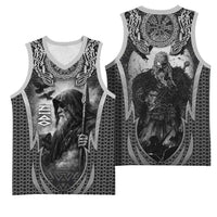 Odin and Viking Warrior Norse Mythology Basketball Jersey Realistic Black and Grey Tattoo Style