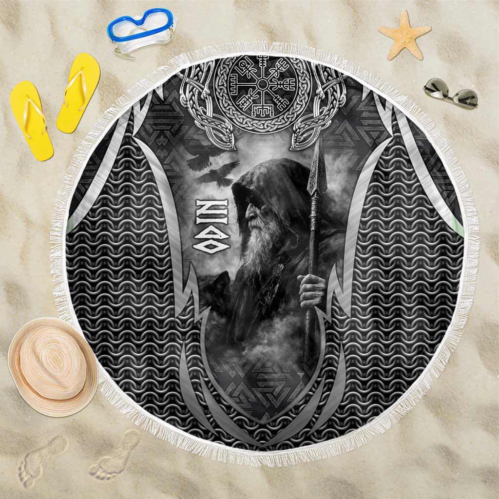 Odin and Viking Warrior Norse Mythology Beach Blanket Realistic Black and Grey Tattoo Style