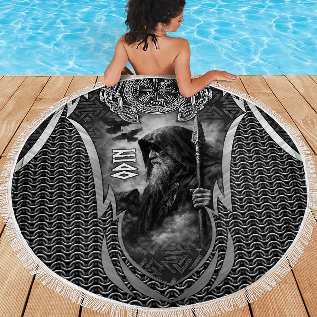 Odin and Viking Warrior Norse Mythology Beach Blanket Realistic Black and Grey Tattoo Style