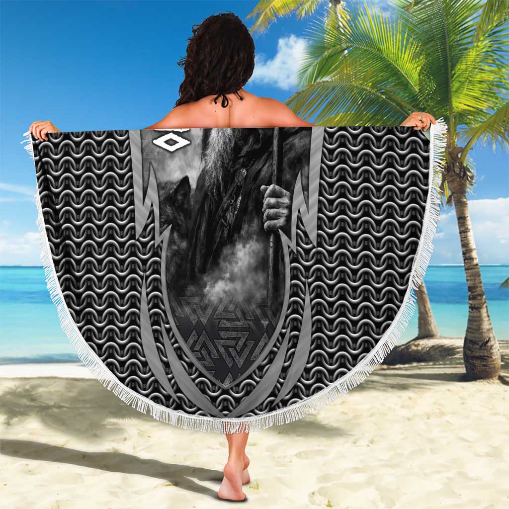 Odin and Viking Warrior Norse Mythology Beach Blanket Realistic Black and Grey Tattoo Style