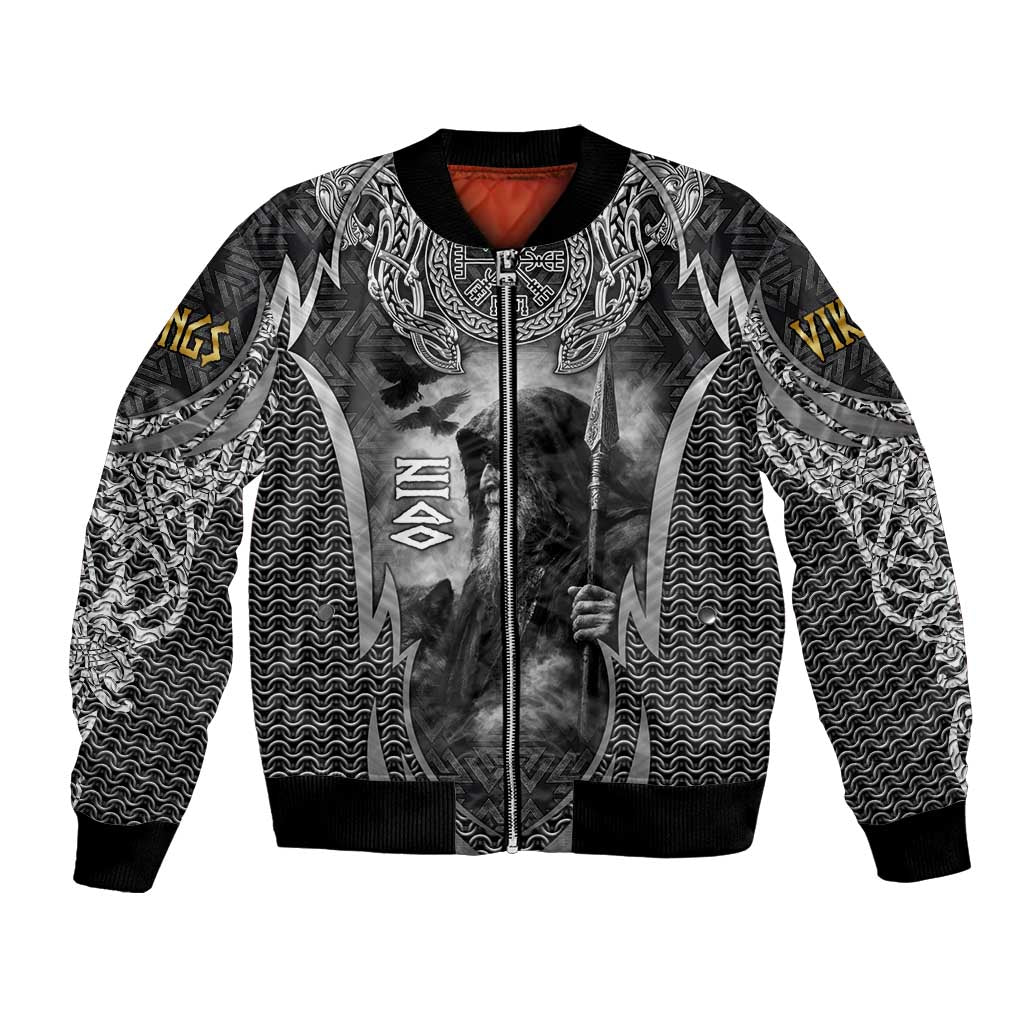 Odin and Viking Warrior Norse Mythology Bomber Jacket Realistic Black and Grey Tattoo Style