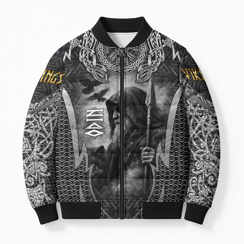 Odin and Viking Warrior Norse Mythology Bomber Puffer Jacket Realistic Black and Grey Tattoo Style
