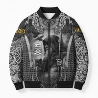 Odin and Viking Warrior Norse Mythology Bomber Puffer Jacket Realistic Black and Grey Tattoo Style