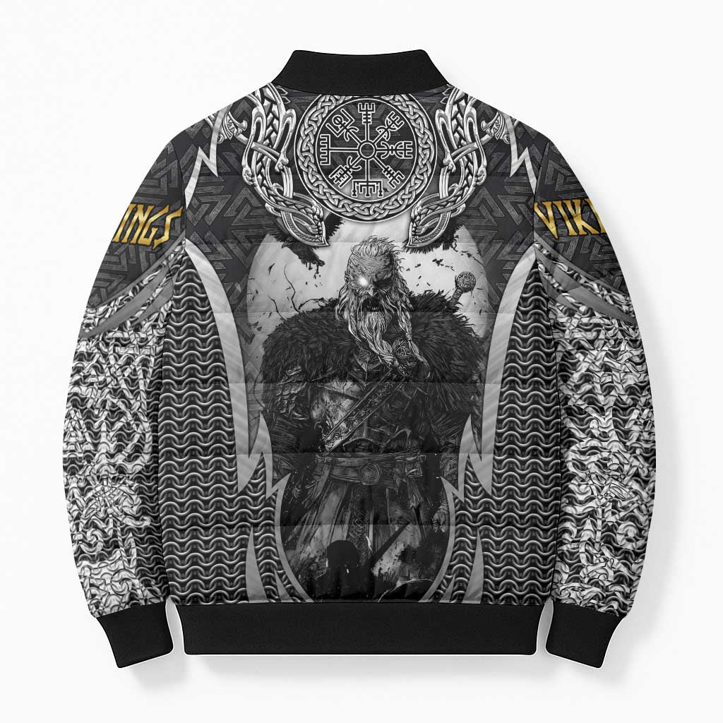Odin and Viking Warrior Norse Mythology Bomber Puffer Jacket Realistic Black and Grey Tattoo Style