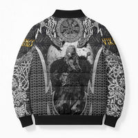 Odin and Viking Warrior Norse Mythology Bomber Puffer Jacket Realistic Black and Grey Tattoo Style
