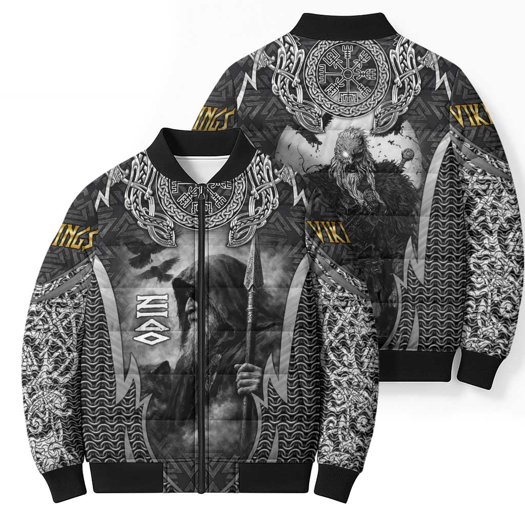 Odin and Viking Warrior Norse Mythology Bomber Puffer Jacket Realistic Black and Grey Tattoo Style