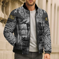Odin and Viking Warrior Norse Mythology Bomber Puffer Jacket Realistic Black and Grey Tattoo Style