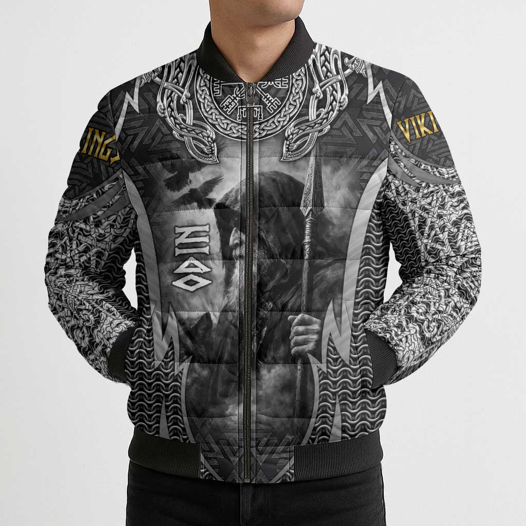 Odin and Viking Warrior Norse Mythology Bomber Puffer Jacket Realistic Black and Grey Tattoo Style