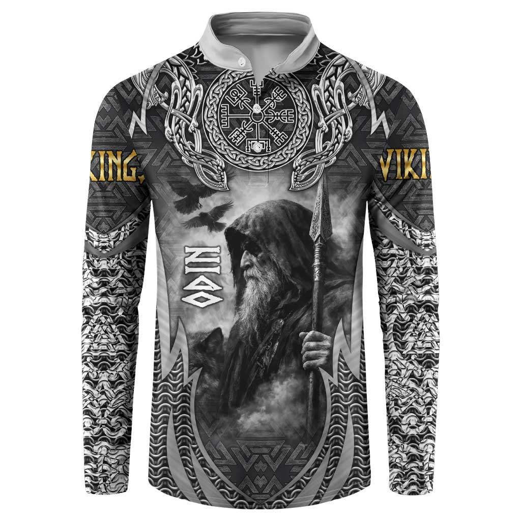 Odin and Viking Warrior Norse Mythology Button Sweatshirt Realistic Black and Grey Tattoo Style