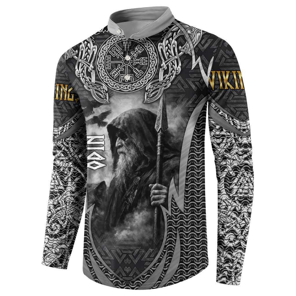 Odin and Viking Warrior Norse Mythology Button Sweatshirt Realistic Black and Grey Tattoo Style