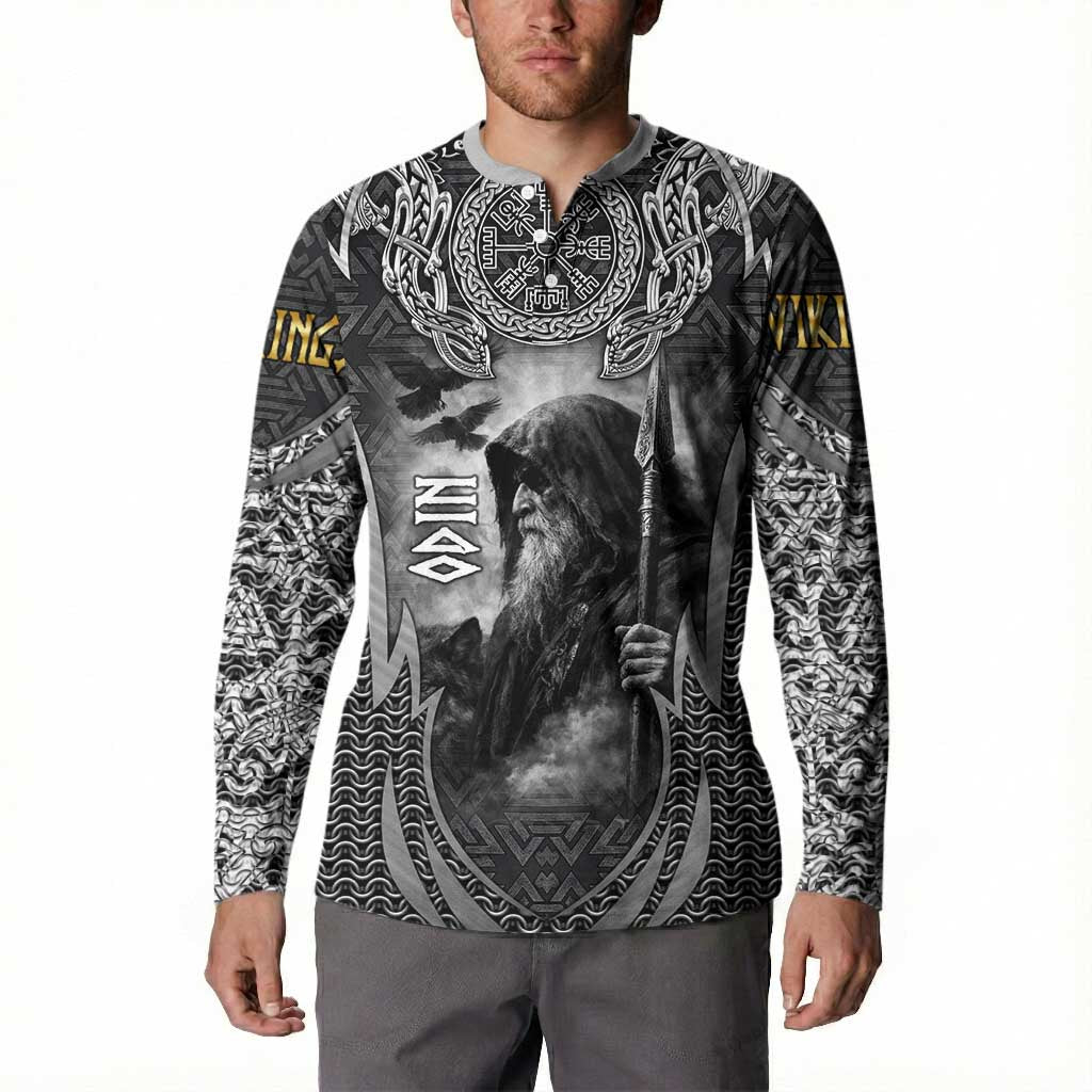 Odin and Viking Warrior Norse Mythology Button Sweatshirt Realistic Black and Grey Tattoo Style