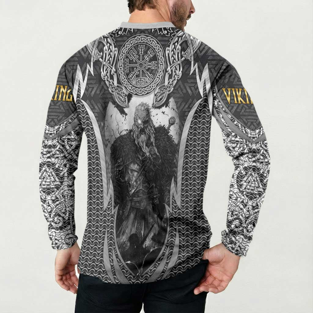 Odin and Viking Warrior Norse Mythology Button Sweatshirt Realistic Black and Grey Tattoo Style