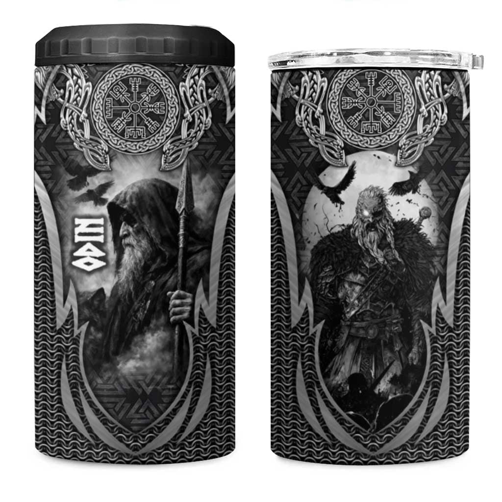 Odin and Viking Warrior Norse Mythology 4 in 1 Can Cooler Tumbler Realistic Black and Grey Tattoo Style