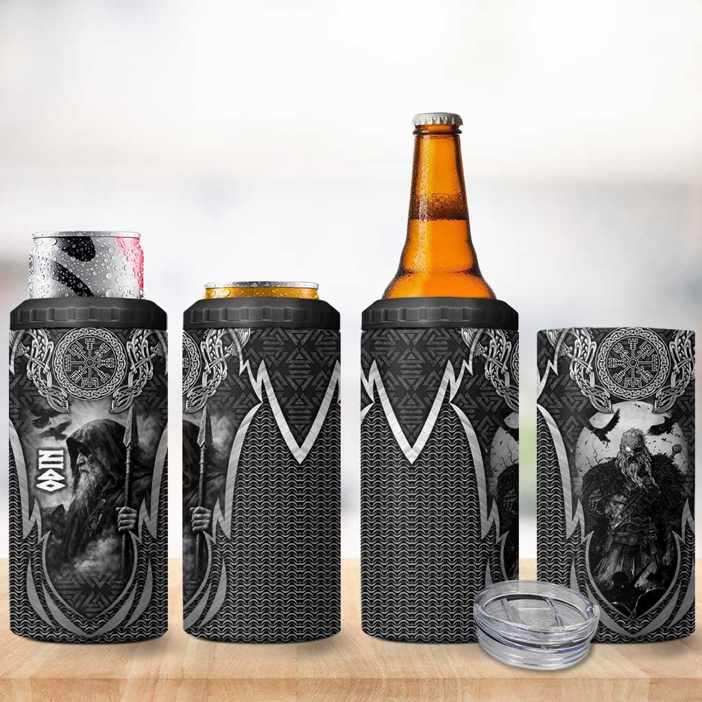 Odin and Viking Warrior Norse Mythology 4 in 1 Can Cooler Tumbler Realistic Black and Grey Tattoo Style