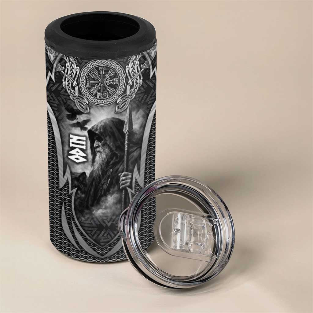 Odin and Viking Warrior Norse Mythology 4 in 1 Can Cooler Tumbler Realistic Black and Grey Tattoo Style