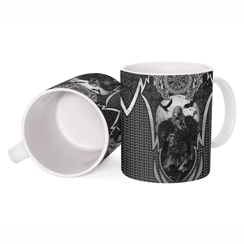 Odin and Viking Warrior Norse Mythology Ceramic Mug Realistic Black and Grey Tattoo Style