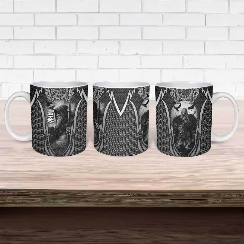 Odin and Viking Warrior Norse Mythology Ceramic Mug Realistic Black and Grey Tattoo Style