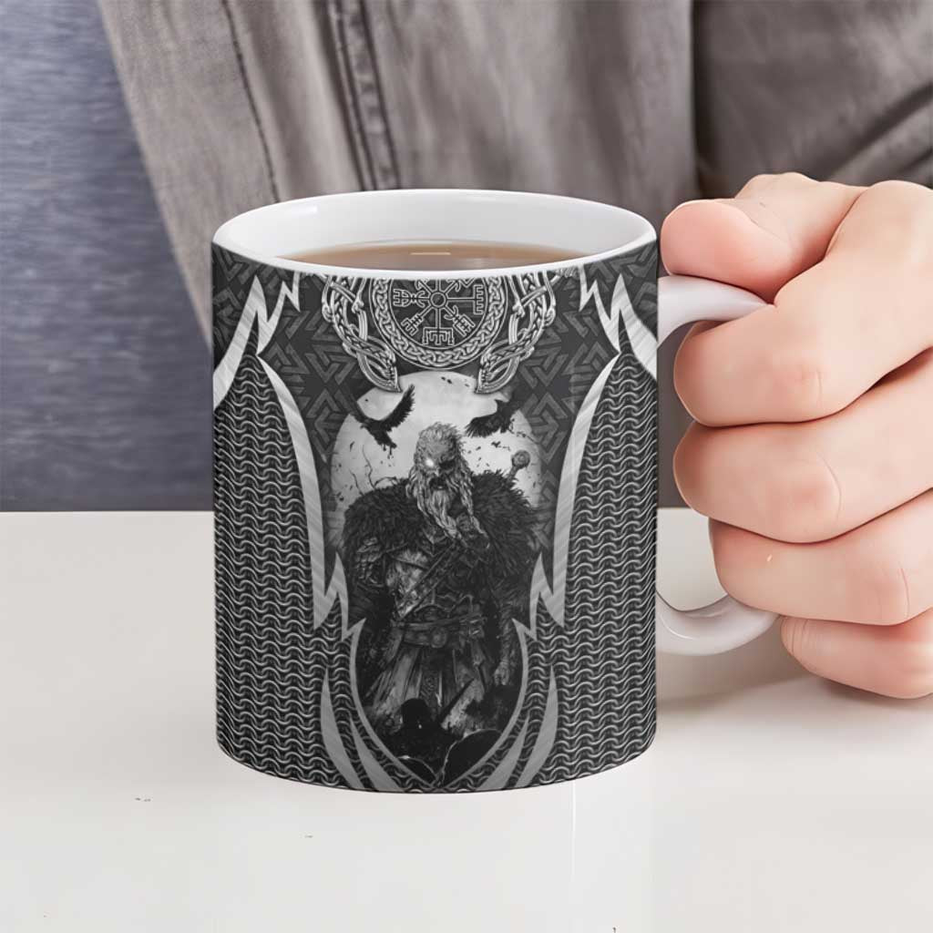 Odin and Viking Warrior Norse Mythology Ceramic Mug Realistic Black and Grey Tattoo Style