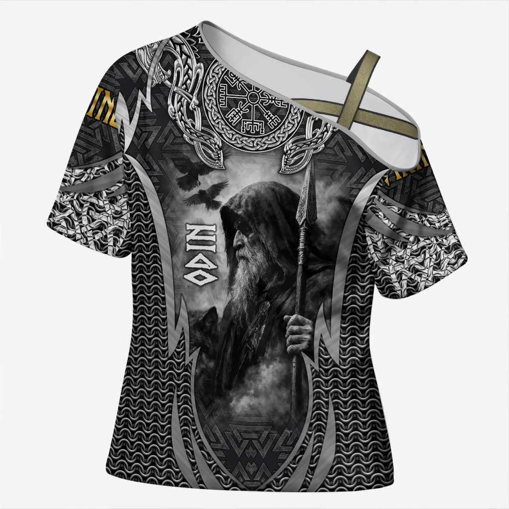 Odin and Viking Warrior Norse Mythology Cross Shoulder Shirt Realistic Black and Grey Tattoo Style