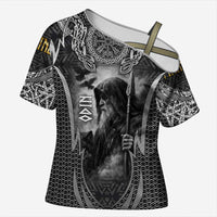 Odin and Viking Warrior Norse Mythology Cross Shoulder Shirt Realistic Black and Grey Tattoo Style