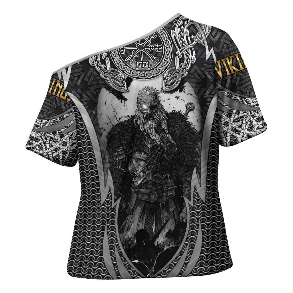 Odin and Viking Warrior Norse Mythology Cross Shoulder Shirt Realistic Black and Grey Tattoo Style