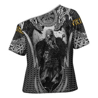 Odin and Viking Warrior Norse Mythology Cross Shoulder Shirt Realistic Black and Grey Tattoo Style