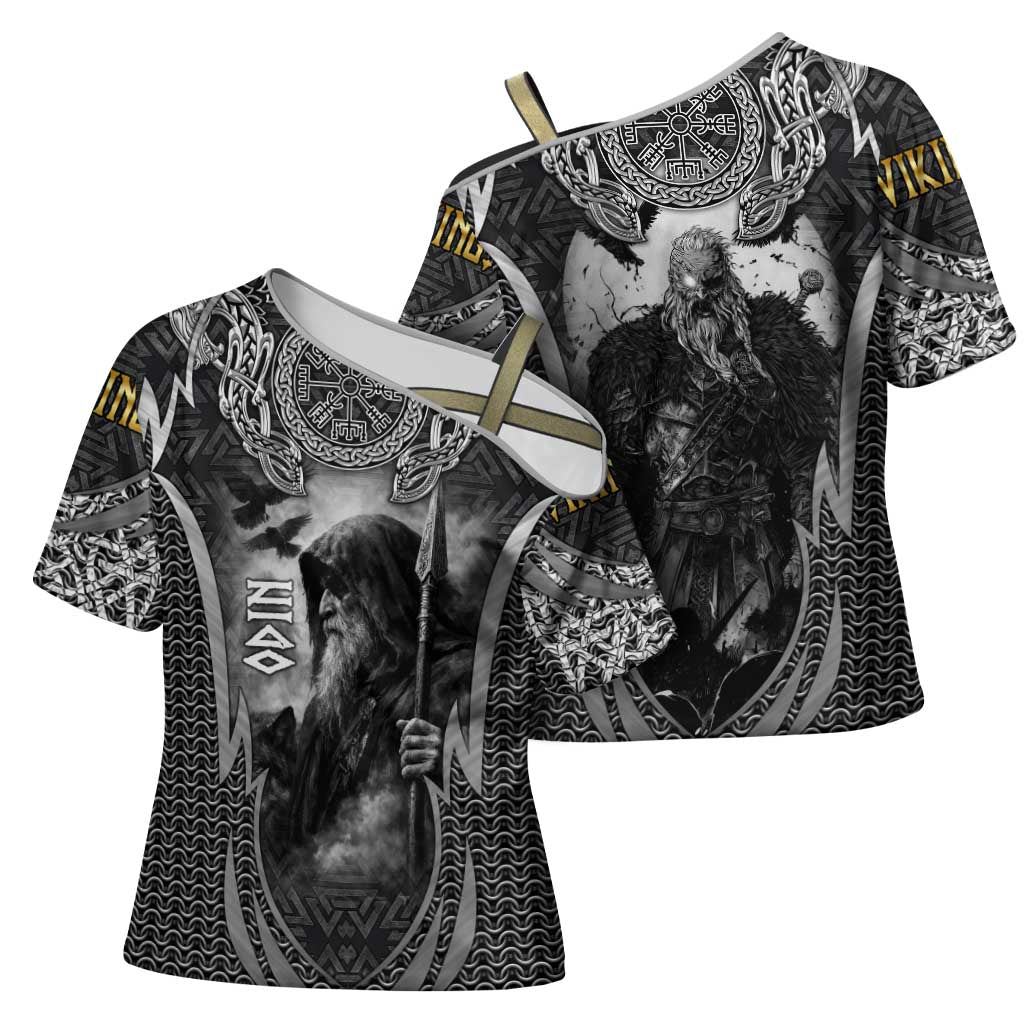 Odin and Viking Warrior Norse Mythology Cross Shoulder Shirt Realistic Black and Grey Tattoo Style