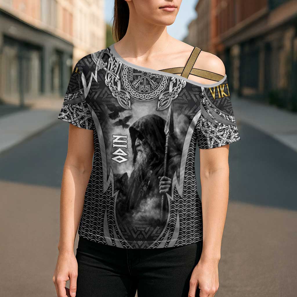 Odin and Viking Warrior Norse Mythology Cross Shoulder Shirt Realistic Black and Grey Tattoo Style