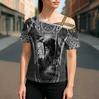 Odin and Viking Warrior Norse Mythology Cross Shoulder Shirt Realistic Black and Grey Tattoo Style