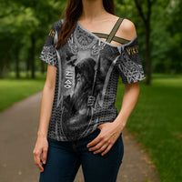 Odin and Viking Warrior Norse Mythology Cross Shoulder Shirt Realistic Black and Grey Tattoo Style