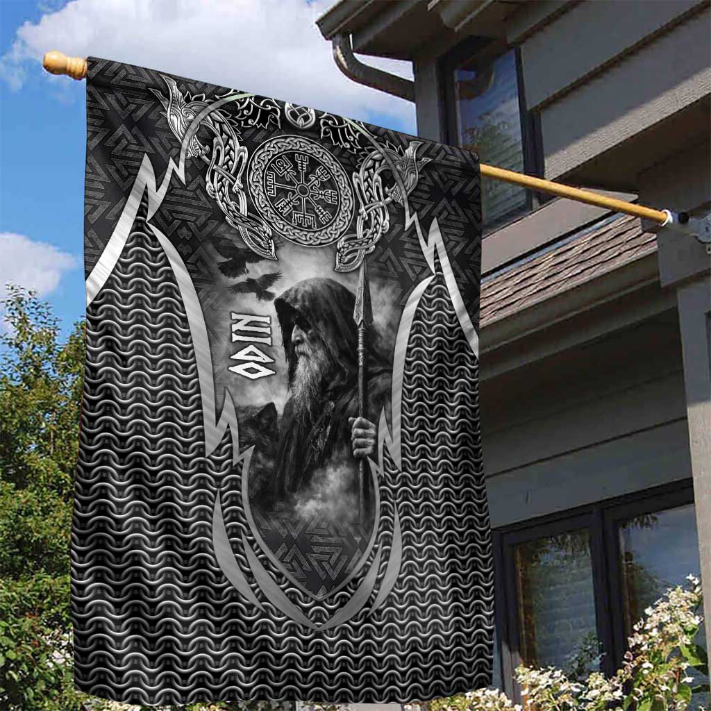 Odin and Viking Warrior Norse Mythology Garden Flag Realistic Black and Grey Tattoo Style