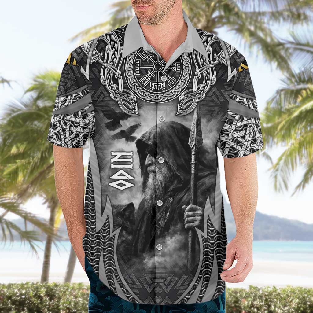 Odin and Viking Warrior Norse Mythology Hawaiian Shirt Realistic Black and Grey Tattoo Style