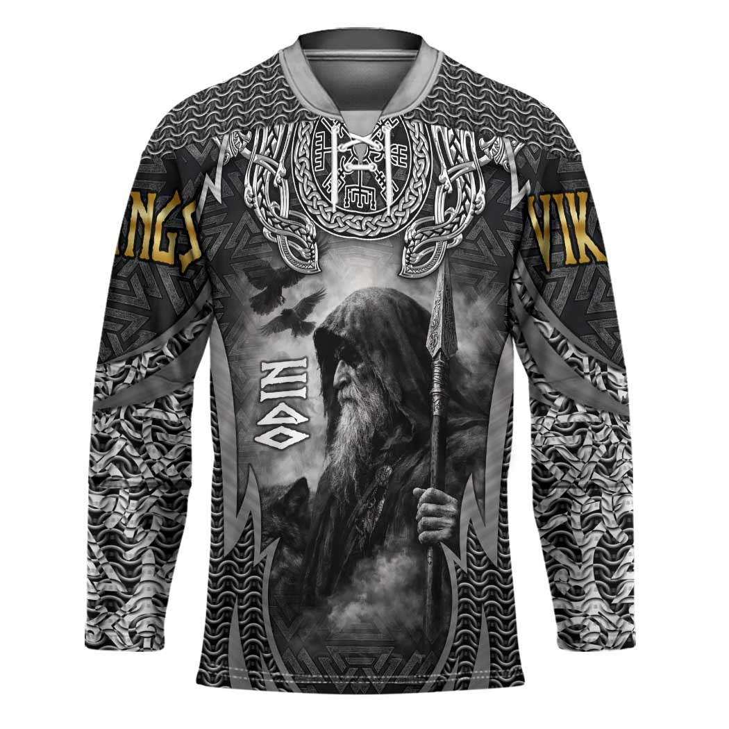 Odin and Viking Warrior Norse Mythology Hockey Jersey Realistic Black and Grey Tattoo Style
