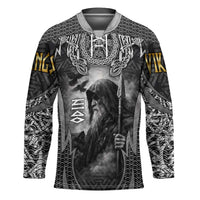 Odin and Viking Warrior Norse Mythology Hockey Jersey Realistic Black and Grey Tattoo Style