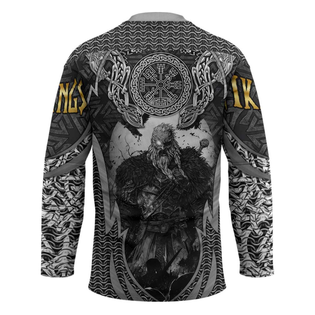 Odin and Viking Warrior Norse Mythology Hockey Jersey Realistic Black and Grey Tattoo Style
