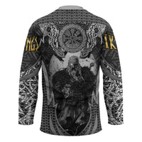 Odin and Viking Warrior Norse Mythology Hockey Jersey Realistic Black and Grey Tattoo Style