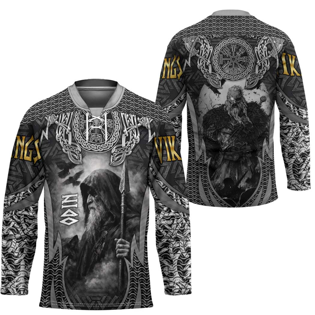 Odin and Viking Warrior Norse Mythology Hockey Jersey Realistic Black and Grey Tattoo Style
