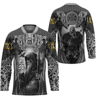 Odin and Viking Warrior Norse Mythology Hockey Jersey Realistic Black and Grey Tattoo Style