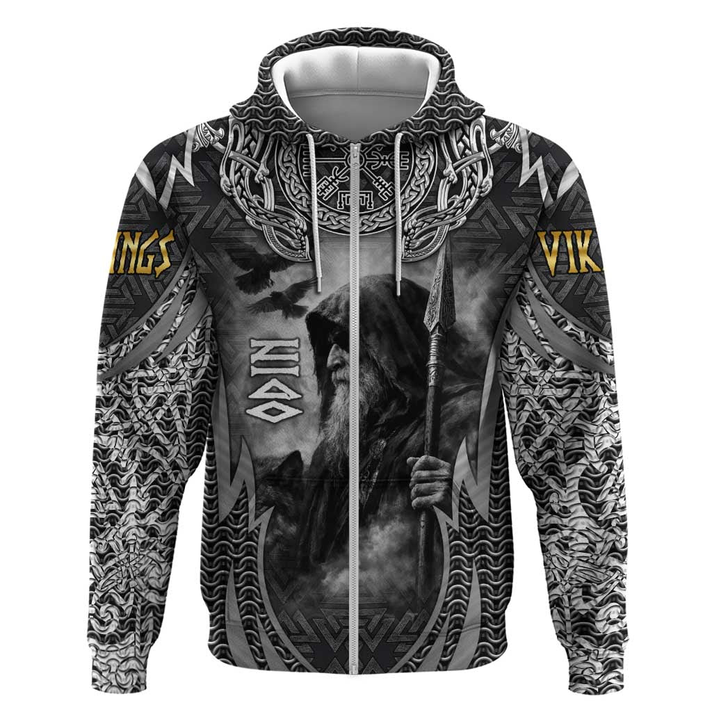 Odin and Viking Warrior Norse Mythology Hoodie Realistic Black and Grey Tattoo Style