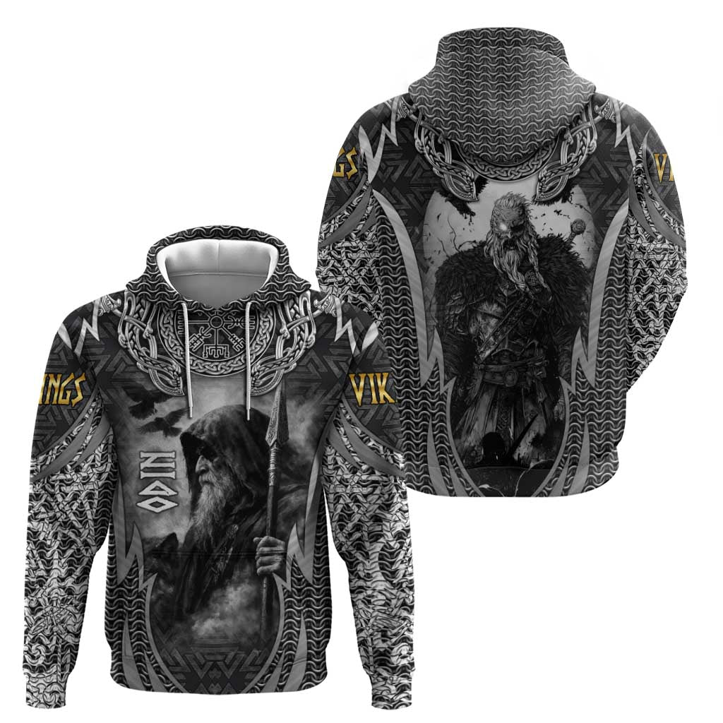 Odin and Viking Warrior Norse Mythology Hoodie Realistic Black and Grey Tattoo Style