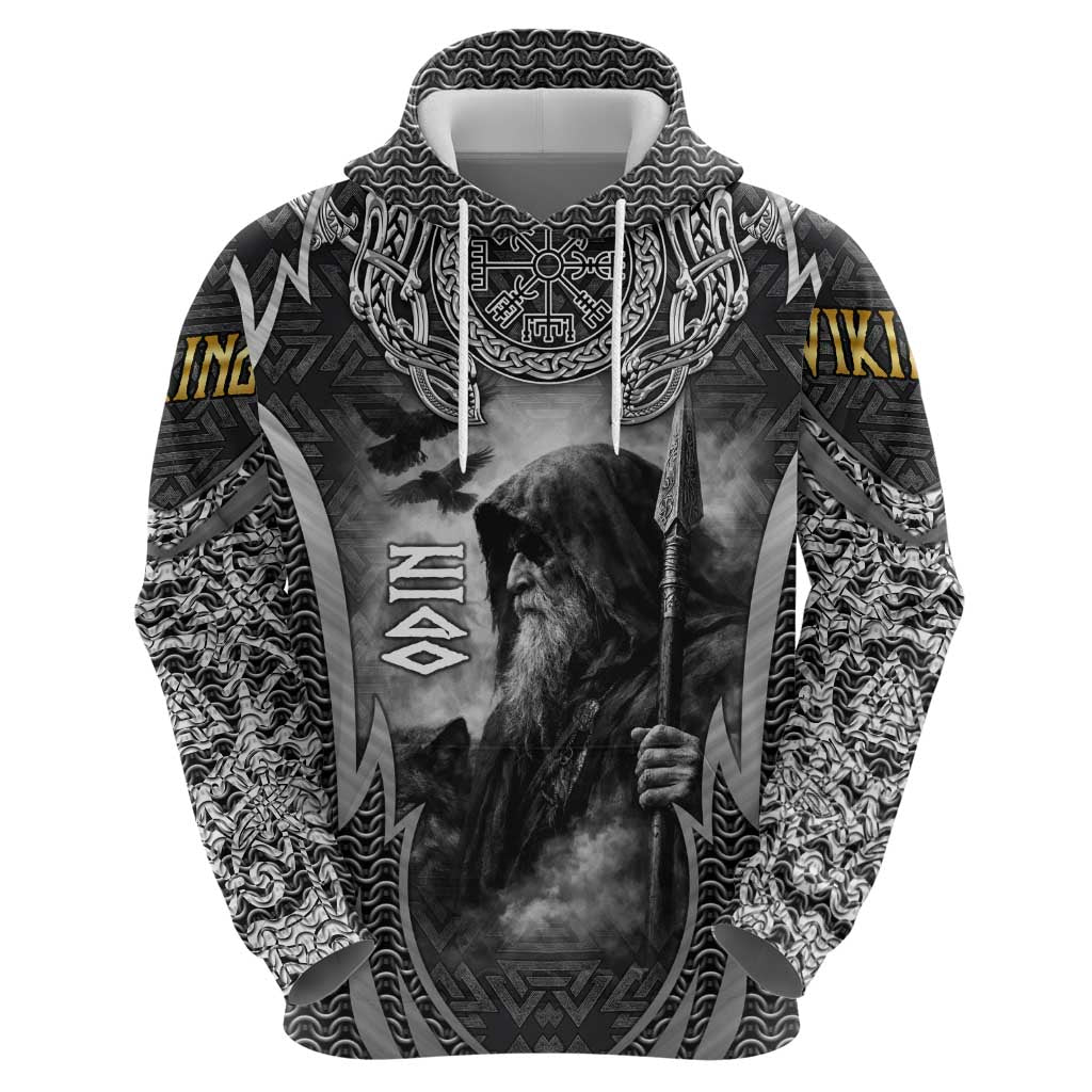 Odin and Viking Warrior Norse Mythology Hoodie Realistic Black and Grey Tattoo Style
