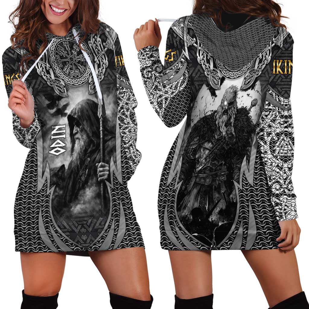 Odin and Viking Warrior Norse Mythology Hoodie Dress Realistic Black and Grey Tattoo Style