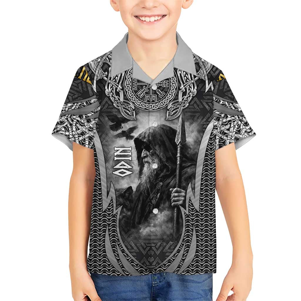 Odin and Viking Warrior Norse Mythology Kid Hawaiian Shirt Realistic Black and Grey Tattoo Style