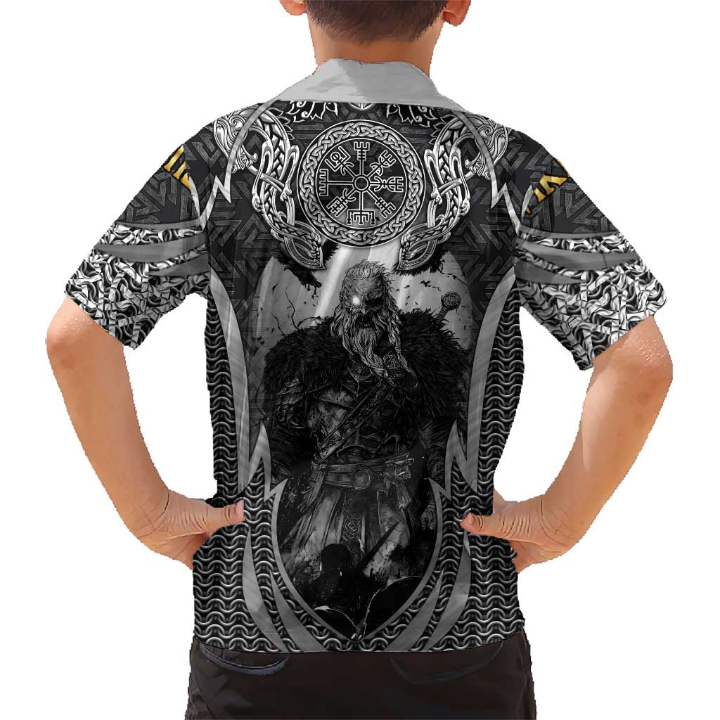 Odin and Viking Warrior Norse Mythology Kid Hawaiian Shirt Realistic Black and Grey Tattoo Style