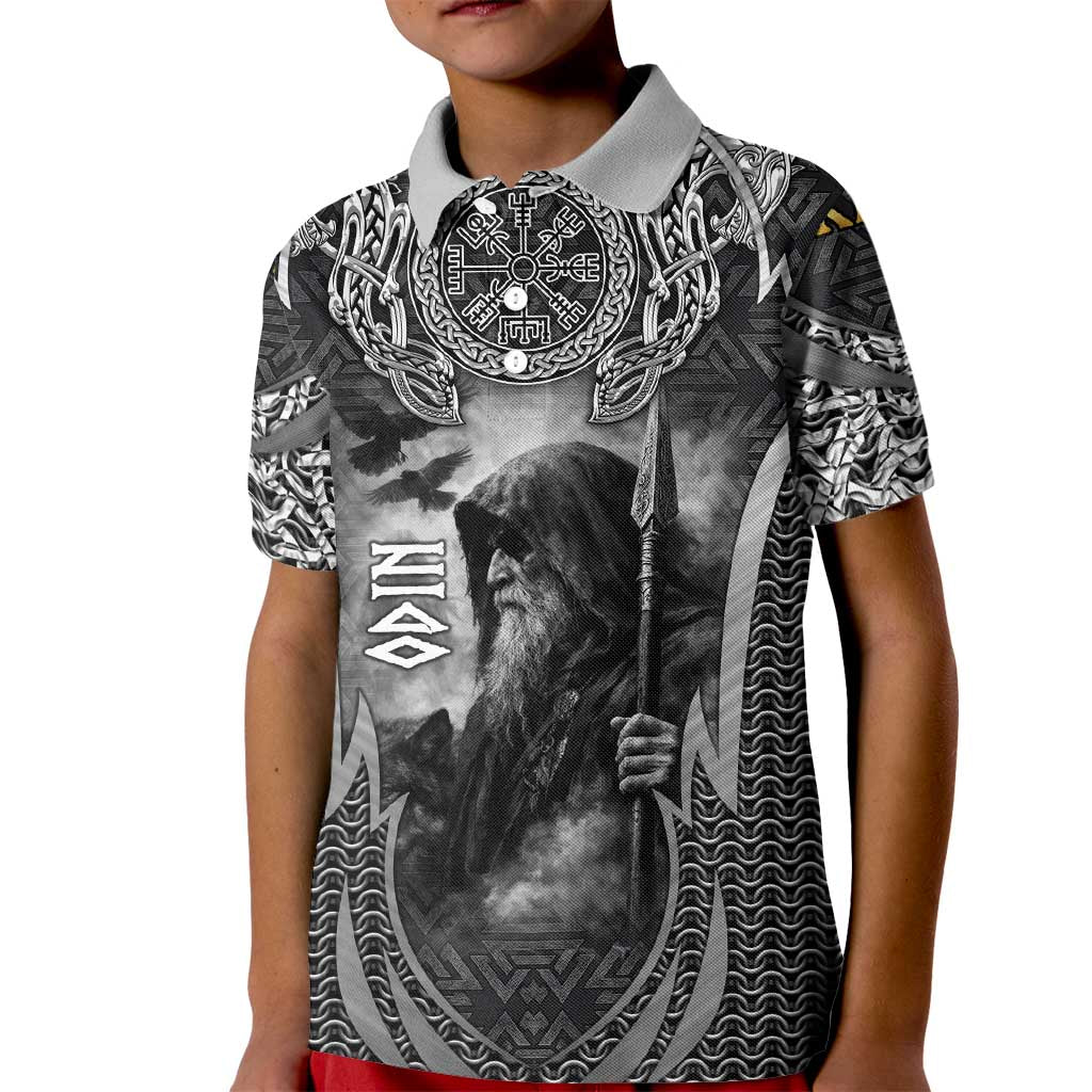 Odin and Viking Warrior Norse Mythology Kid Polo Shirt Realistic Black and Grey Tattoo Style