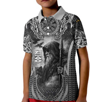 Odin and Viking Warrior Norse Mythology Kid Polo Shirt Realistic Black and Grey Tattoo Style