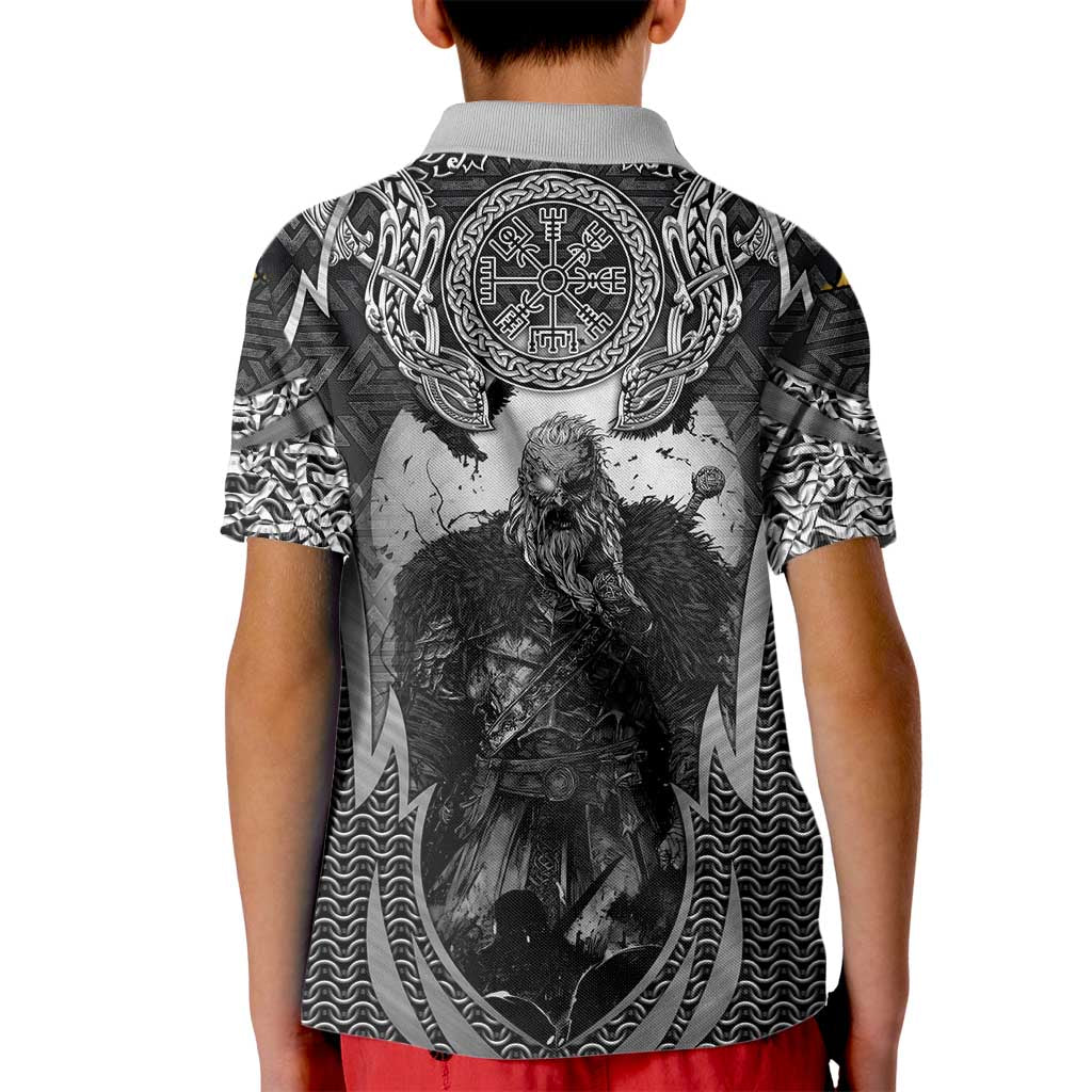 Odin and Viking Warrior Norse Mythology Kid Polo Shirt Realistic Black and Grey Tattoo Style