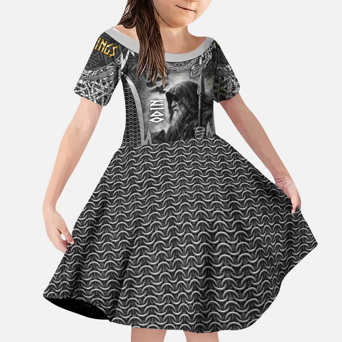 Odin and Viking Warrior Norse Mythology Kid Short Sleeve Dress Realistic Black and Grey Tattoo Style
