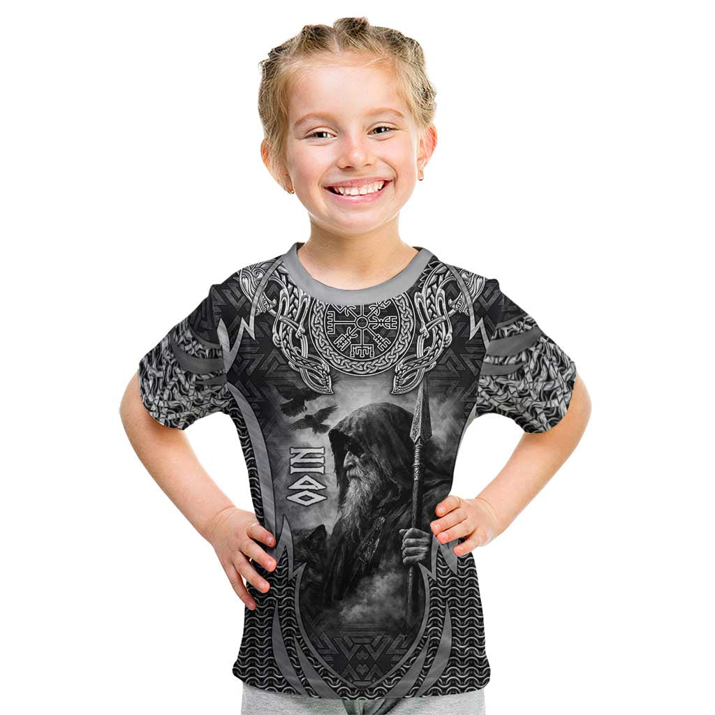 Odin and Viking Warrior Norse Mythology Kid T Shirt Realistic Black and Grey Tattoo Style