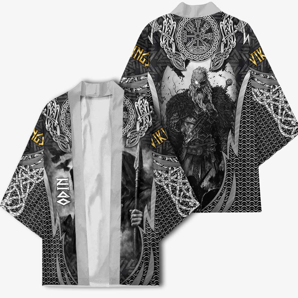 Odin and Viking Warrior Norse Mythology Kimono Realistic Black and Grey Tattoo Style